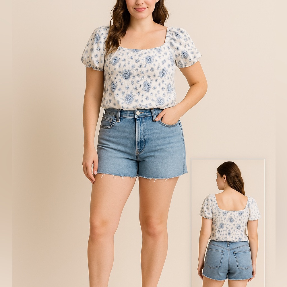 Lulus Blue Floral Puff Sleeve Smocked Crop Top Size M